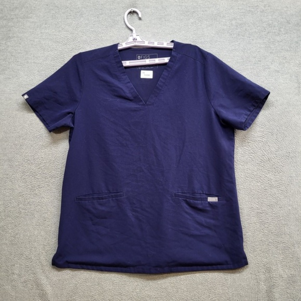 Figs Women Scrub‎ Top Large Blue Technical One Pocket Short Sleeve V Neck